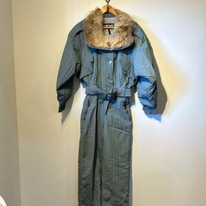Vintage Fur Ski Suit Head 80s Aspen Fur iridescent Blue Snowsuit EUC Belted